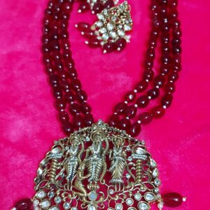 Ram Parivaar Red beads Long chain with beautiful Jhumkhas.
